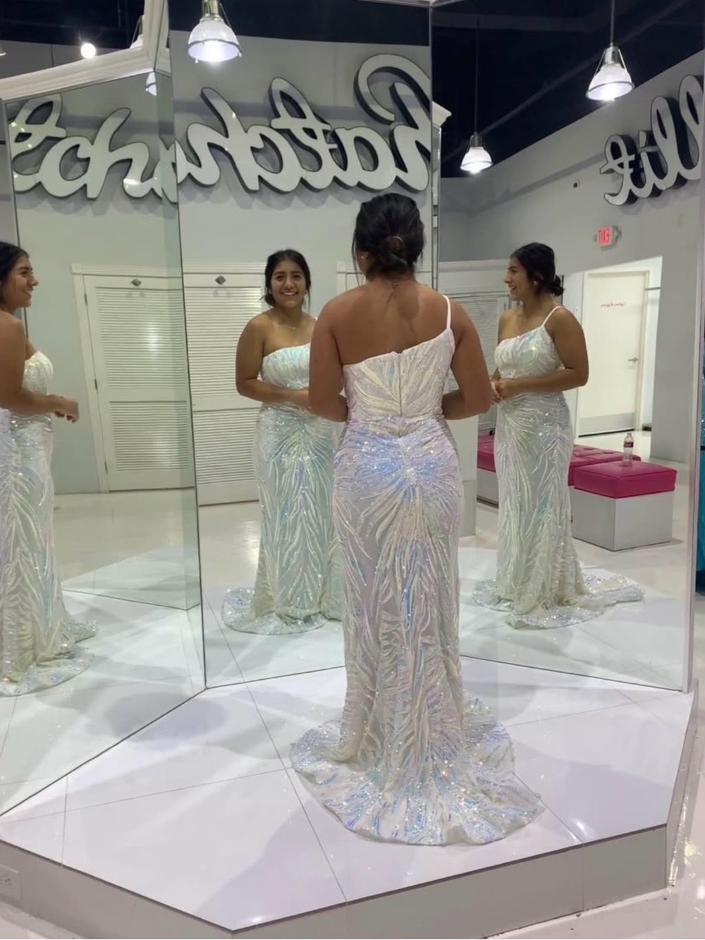 Jovani One Shoulder Iridescent Sequin Evening Gown - White